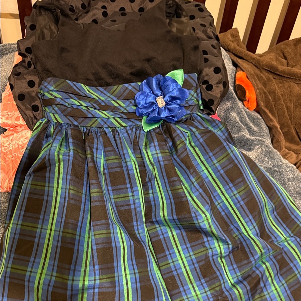 Stylish Kids Plaid Dress with Blue Flower Accent
